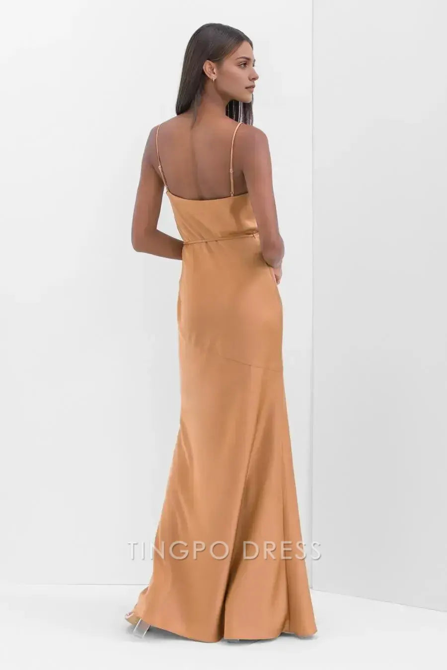 TingPo Wholesale Simple Solid Thin Strap Dress - Plain Design Thin Belt High Slit Beach Vacation Dress